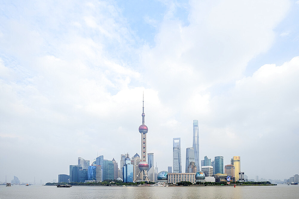 The Shanghai city skyline with the Oriental Pearl TV Tower, the Shanghai Tower and the Shanghai World Financial Center, Pudong, Shanghai, China, Asia