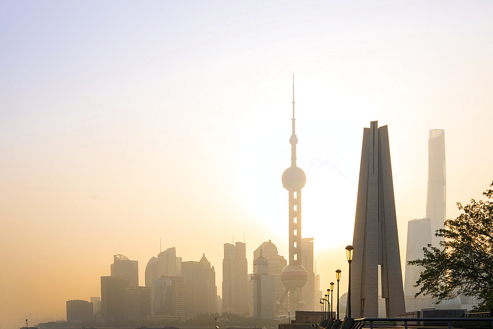 View of the skyline of Pudong district at dawn, Shanghai, China, Asia