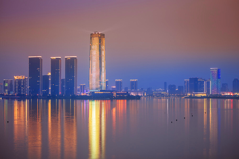 View of Yixing City at night, Jiangsu province, China, Asia