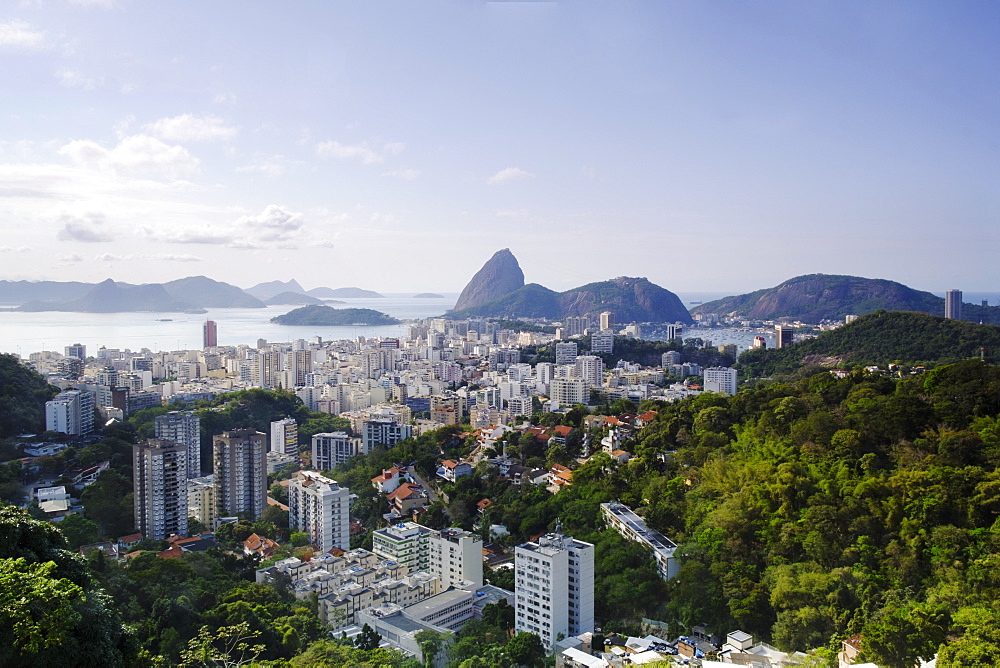 View of Sugar Loaf mountain (Pao de Acucar) and Botafogo neighbourhood, Botafogo, Rio de Janeiro, Brazil, South America