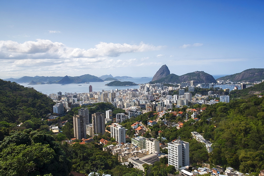 View of Sugar Loaf mountain (Pao de Acucar) and Botafogo neighbourhood, Botafogo, Rio de Janeiro, Brazil, South America