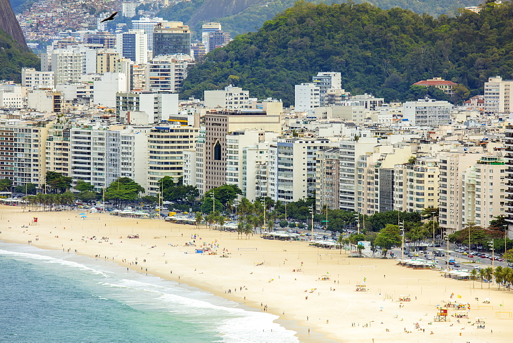 Elevated view of Copacabana Beach and apartment blocks in the neighborhood, Rio de Janeiro, Brazil, South America