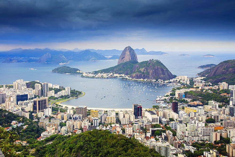 Elevated view of Sugar Loaf mountain and Botafogo beach and bay, Botafogo, Rio de Janeiro, Brazil, South America