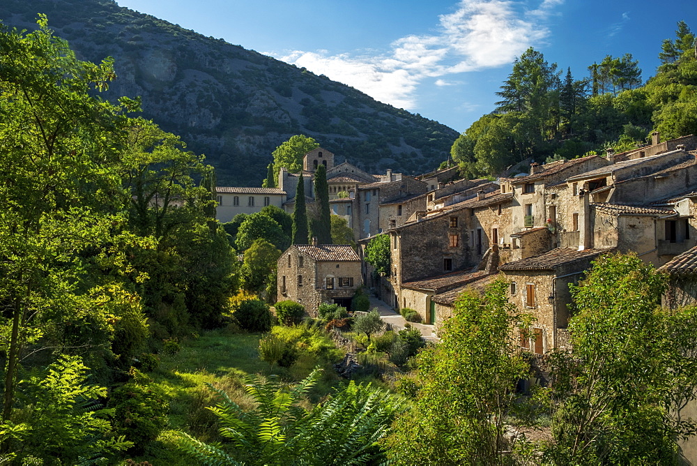 The medieval mountain village of Saint-Guilhem-le-Desert on the Way of St. James, Herault, Languedoc, Occitanie, France, Europe