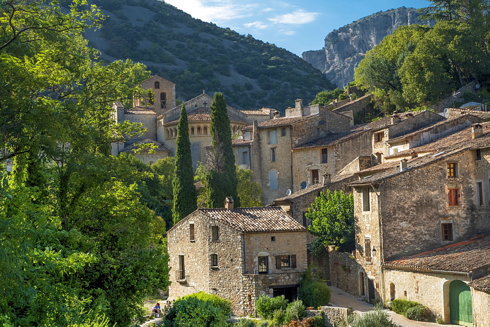 The medieval mountain village of Saint-Guilhem-le-Desert on the Way of St. James, Herault, Languedoc, Occitanie, France, Europe