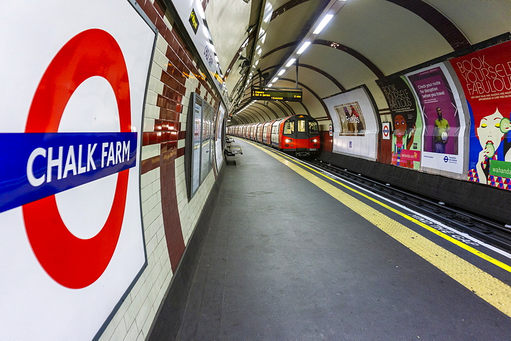 Interior of Chalk Farm Underground station on the Northern Line, empty during the Covid-19 lockdown, London, England, United Kingdom, Europe