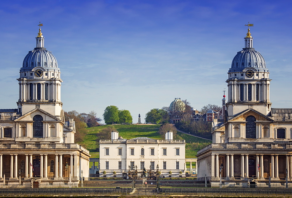 Greenwich Park, the Royal Observatory up on the hill, the Queen's House by Inigo Jones and Christopher Wren's Royal Naval College, Greenwich, London, England, United Kingdom, Europe