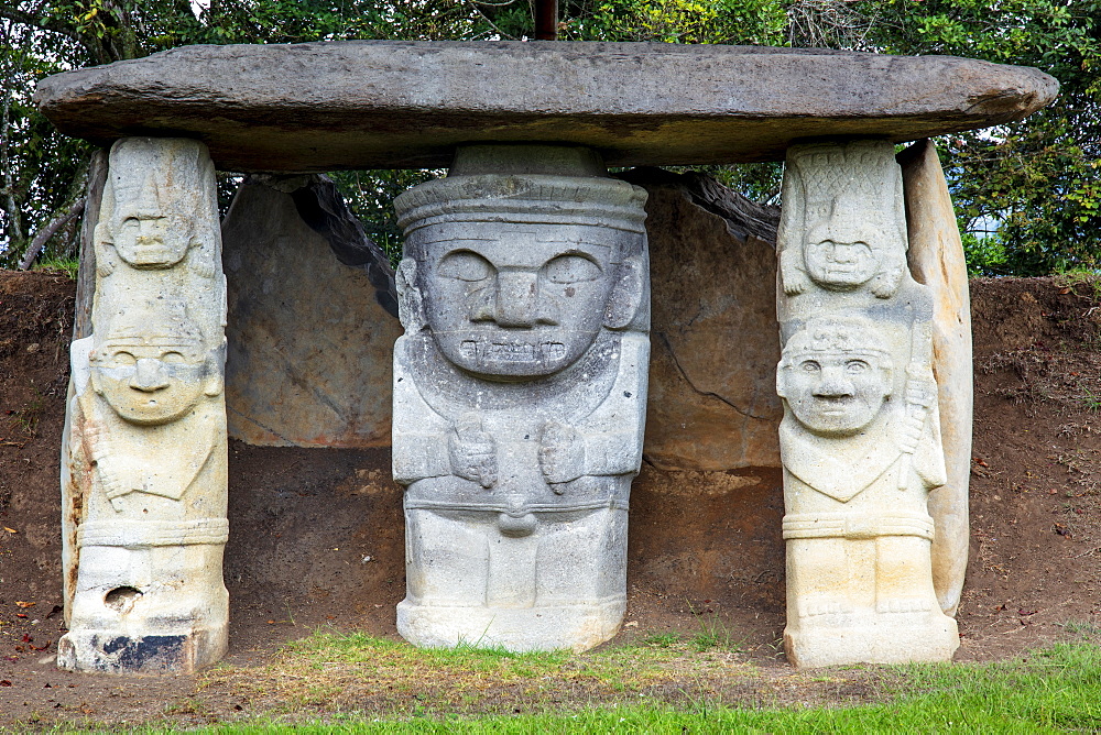 Statue of an animistic shaman figures in San Agustin Archeological Park, UNESCO World Heritage Site, Colombia, South America