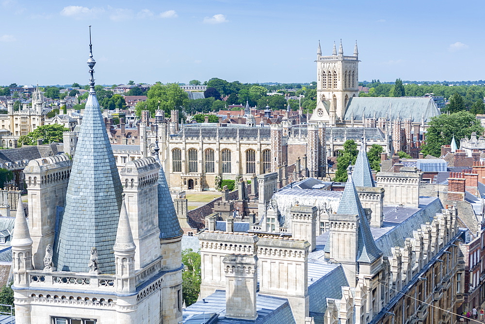 High angle view of the skyline of the city of Cambridge showing university buildings in Caius, Trinity and St John's colleges, Cambridge, Cambridgeshire, England, United Kingdom, Europe