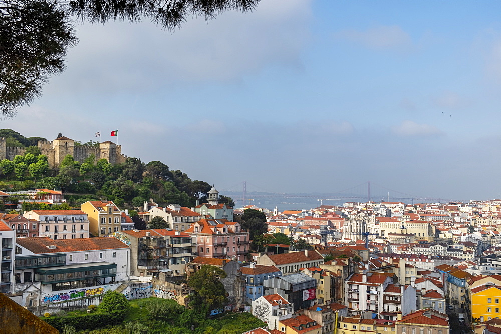 View of the castle and downtown Lisbon, Portugal, Europe