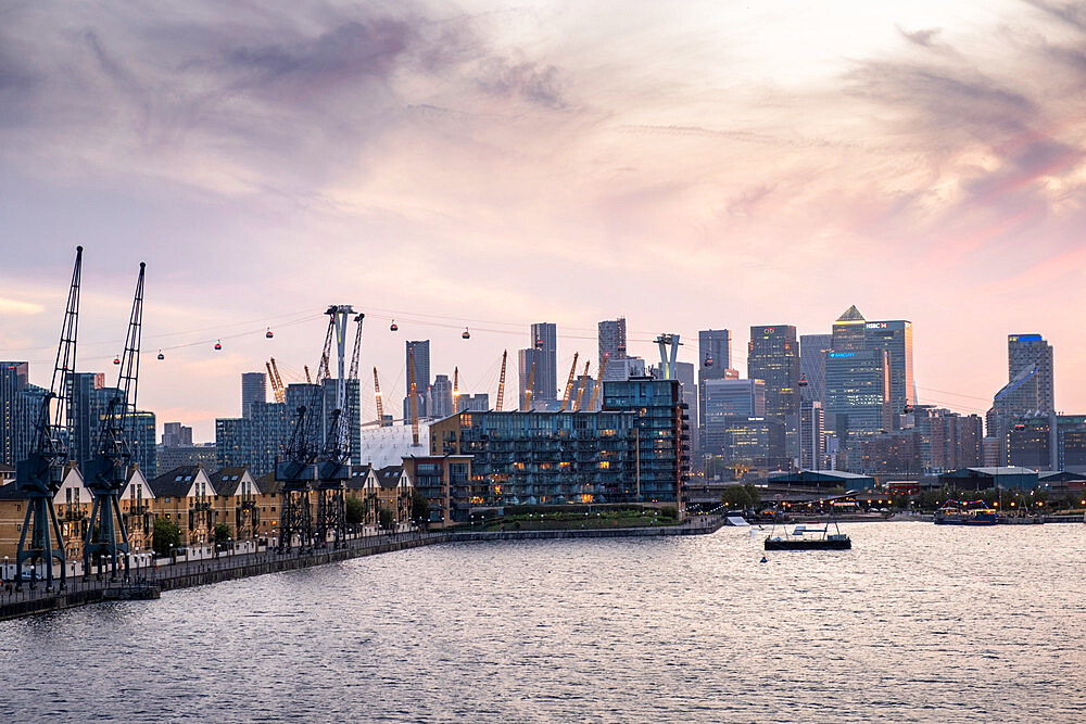 London skyline with Canary Wharf financial district, the O2 Centre Millennium Dome, Emirates Cable Car and Victoria Dock, London, England, United Kingdom, Europe