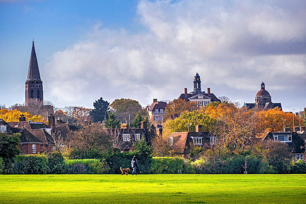 Hampstead Garden Suburb, skyline of the early 20th century suburb in autumn with spire of St. Jude's church and residential housing, Barnet, London, England, United Kingdom, Europe