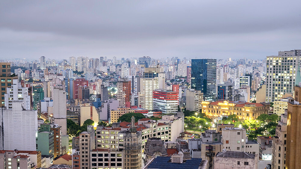 Elevated view downtown, city centre showing the illuminated Tribunal de Justica (Court of Justice) building, Sao Paulo, Brazil, South America