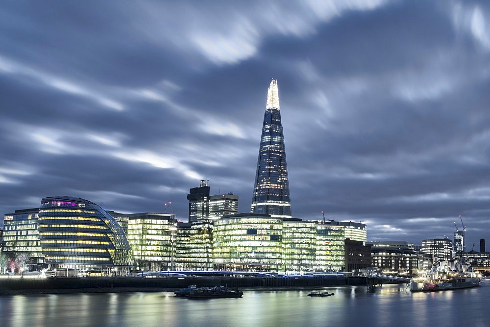 The Thames in Southwark with City Hall, More London Riverside, both architect Norman Foster, the Shard, architect Renzo Piano, and HMS Belfast, London, England, United Kingdom, Europe