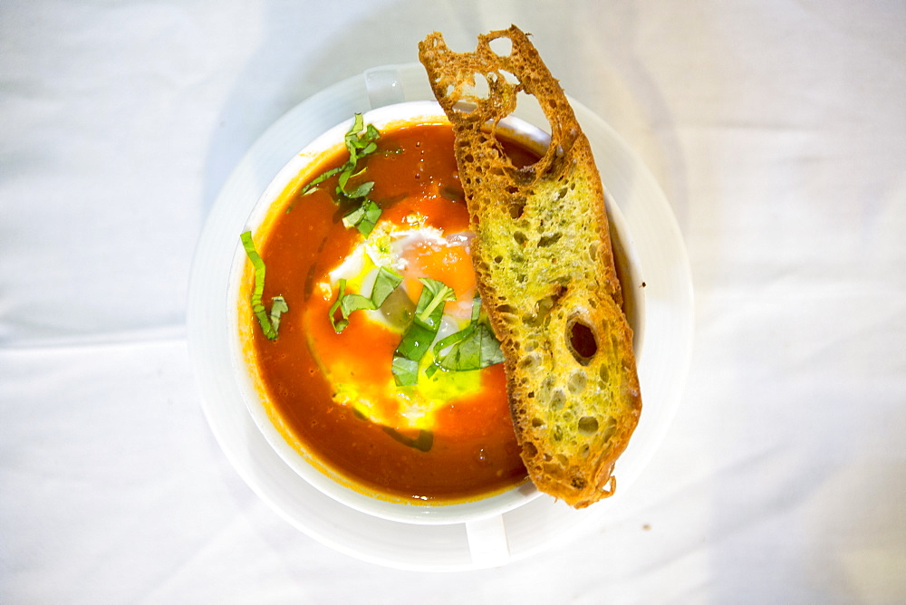 Sopa de Tomate Alentejana, a traditional Portuguese tomato and egg soup from the Alentejo region, Portugal, Europe