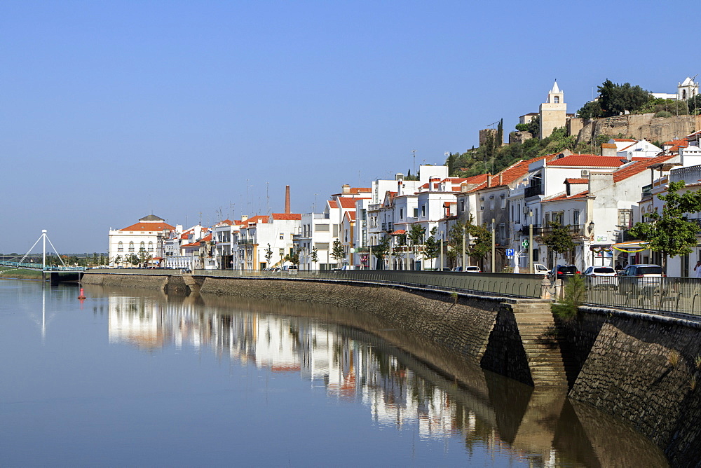 View of the town of Alcacer do Sal and the Sado river, Alentejo, Portugal, Europe