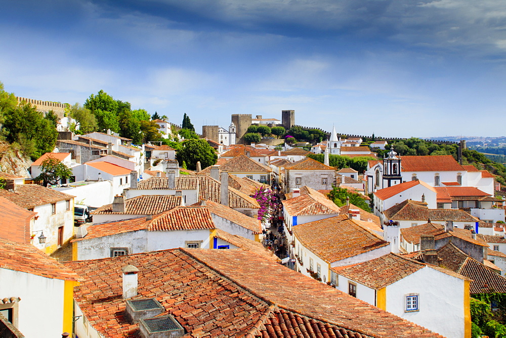 Streets and castle in the medieval walled village of Obidos in Portugal's Centro region, Portugal, Europe