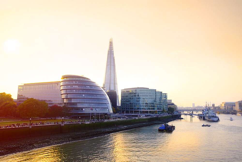 The Shard, City Hall and Thames Path at sunset, London, England, United Kingdom, Europe