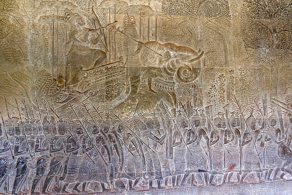 Bas relief of the commander of the vanguard riding an elephant and the army of King Suryavarman II at Angkor Wat, UNESCO World Heritage Site, Siem Reap, Cambodia, Indochina, Southeast Asia, Asia