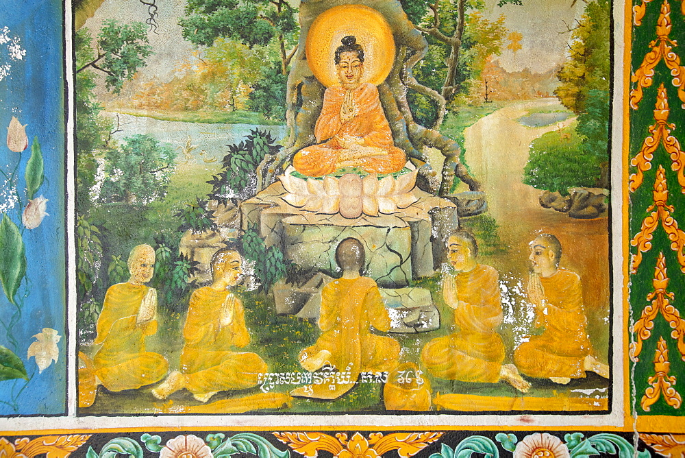 Mural showing scenes from the life of the Buddha, Takeo, Cambodia, Indochina, Southeast Asia, Asia