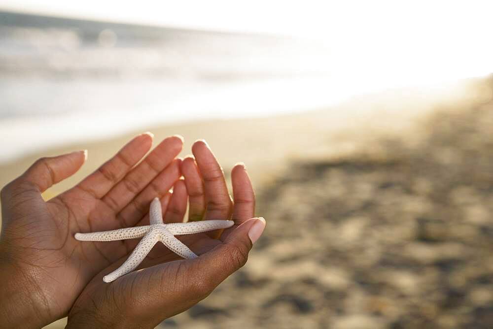 African woman holding starfish