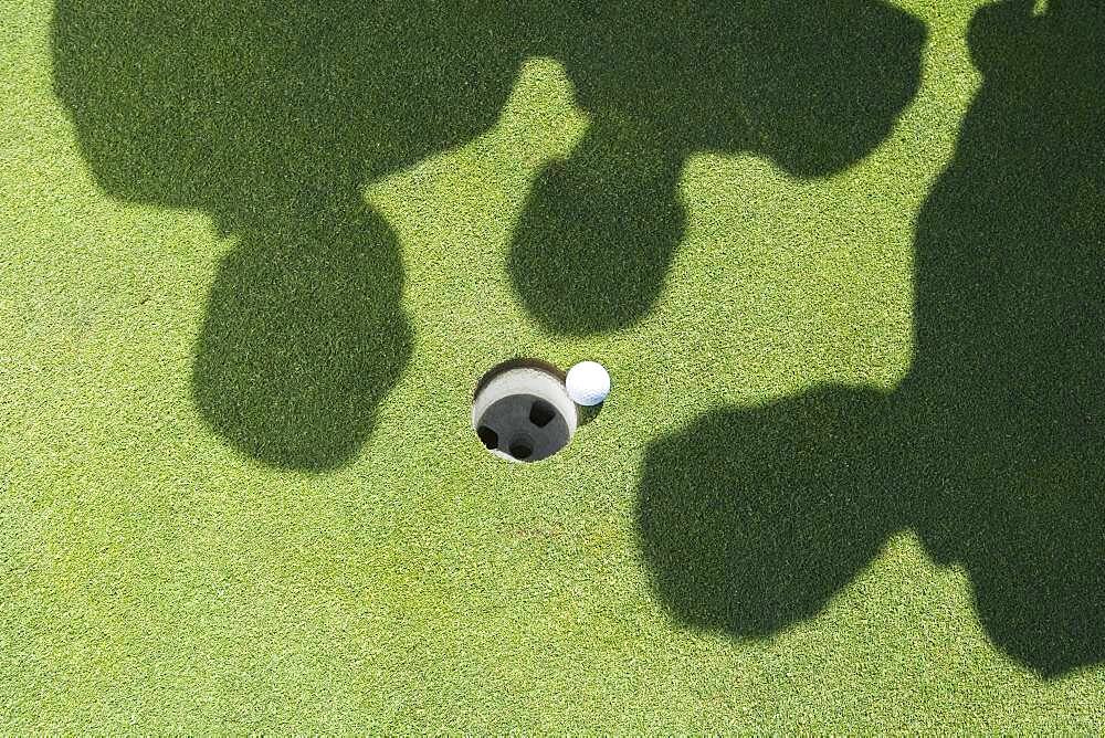 Shadows of golfers over golf ball next to hole