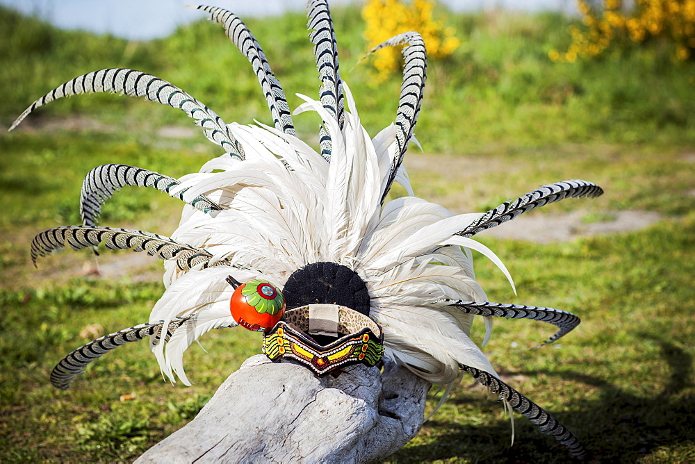 Traditional headdress on wooden log