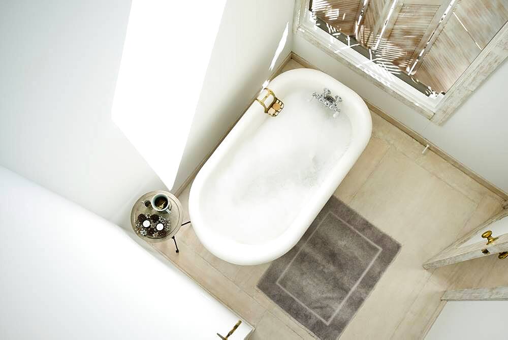 High angle view of bubble bath in bathroom