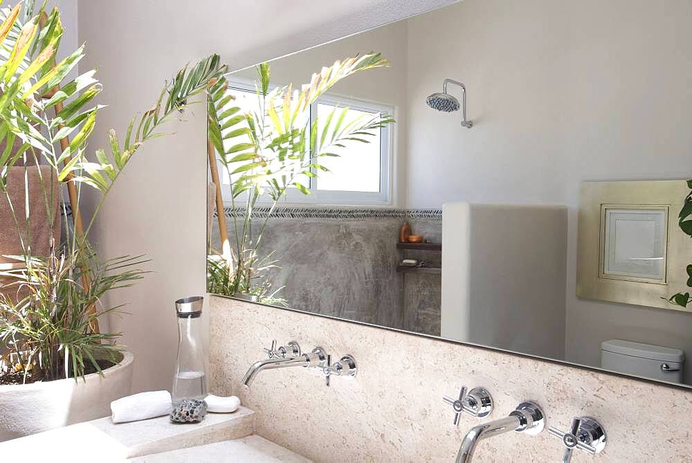 Mirror, sinks and shower in modern bathroom