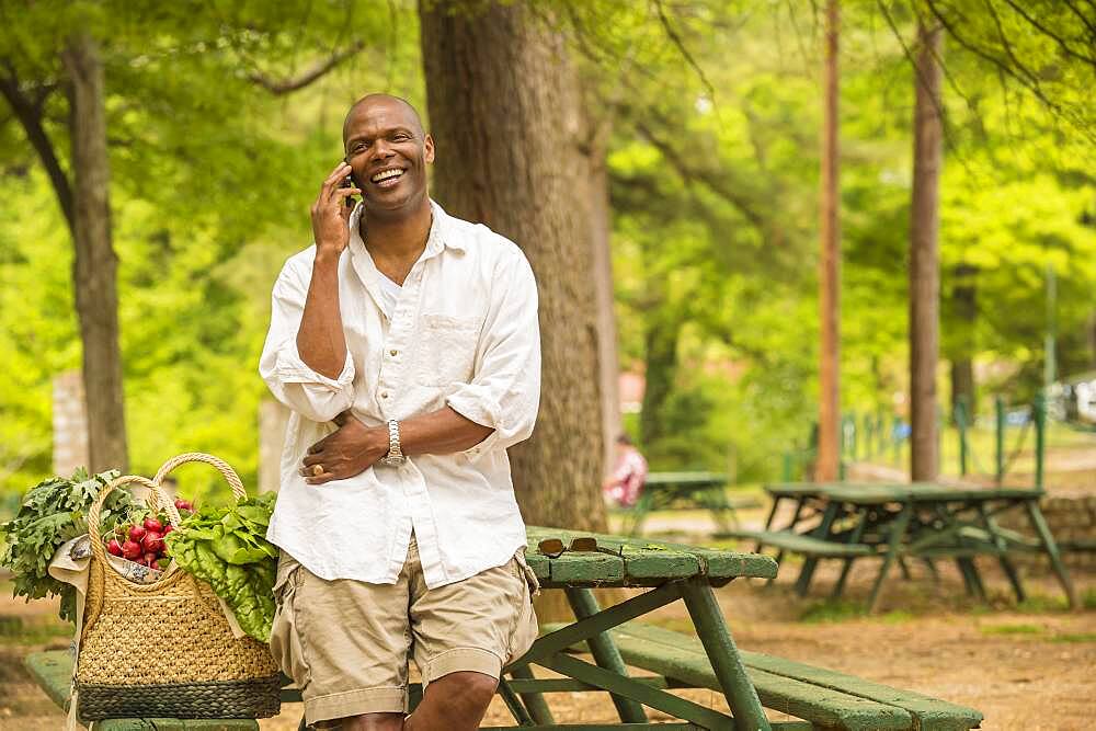 African American man talking on cell phone on picnic table