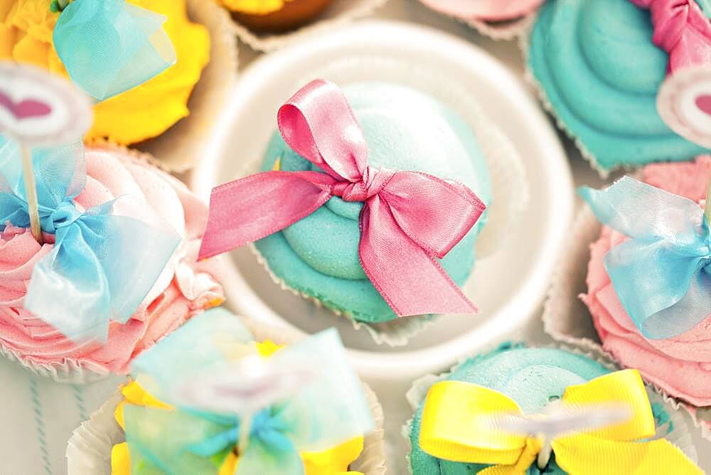 Close up of decorated cupcakes