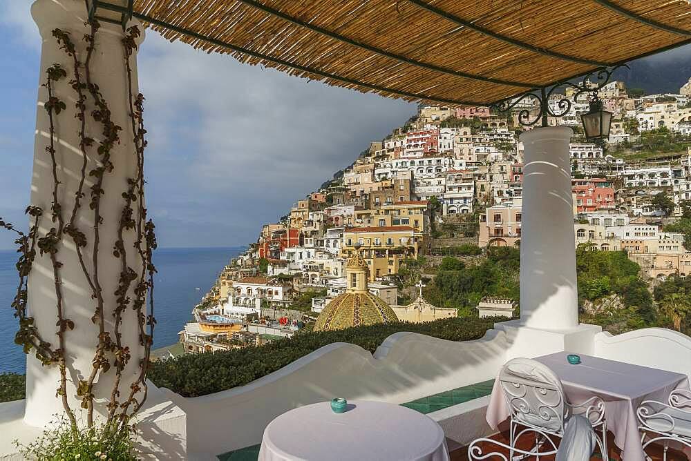 Gazebo overlooking Positano cityscape, Amalfi Peninsula, Italy