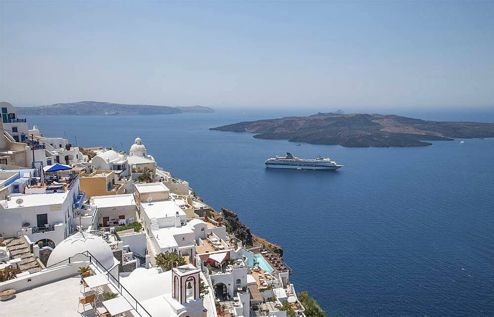 High angle view of cruise ship sailing at Santorini, Cyclades, Greece