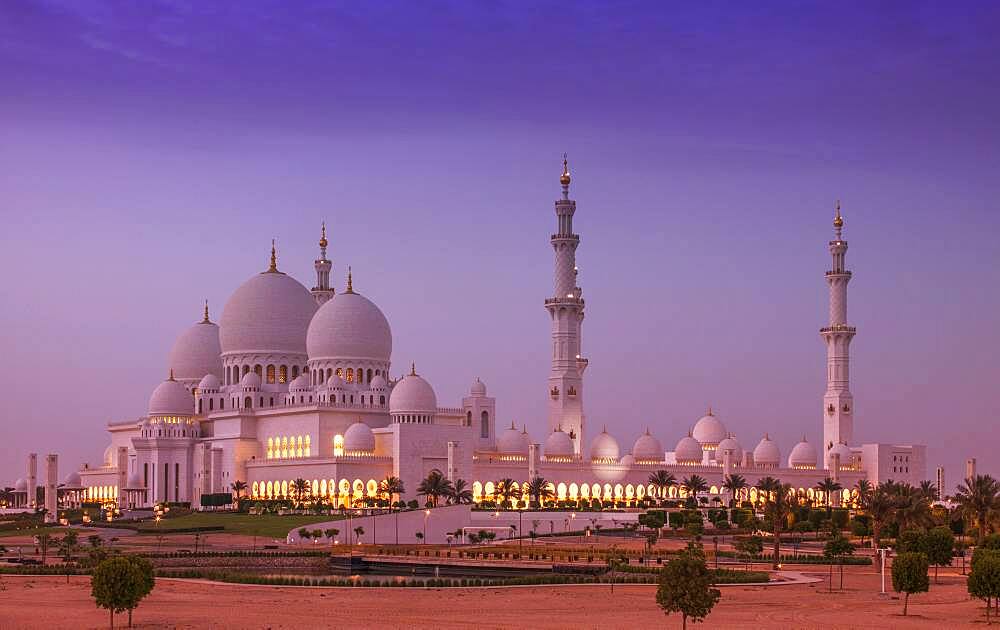 Ornate domed building over cityscape, Abu Dhabi, Abu Dhabi Emirate, United Arab Emirates