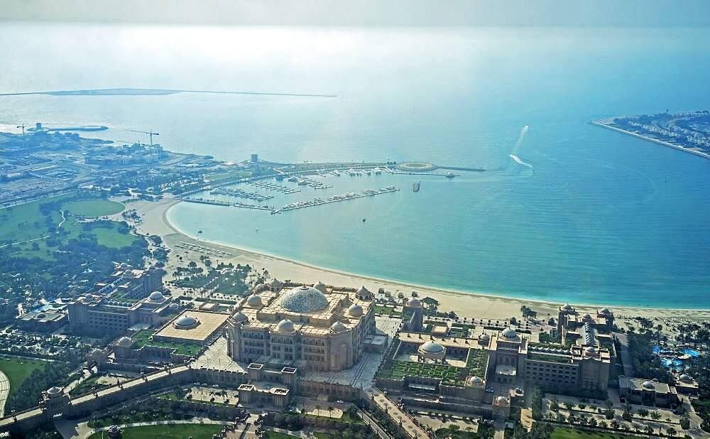 Aerial view of Abu Dhabi cityscape and coastline, Abu Dhabi Emirate, United Arab Emirates