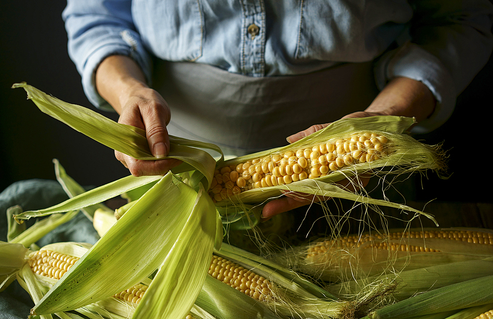 Close up of Caucasian woman shucking corn