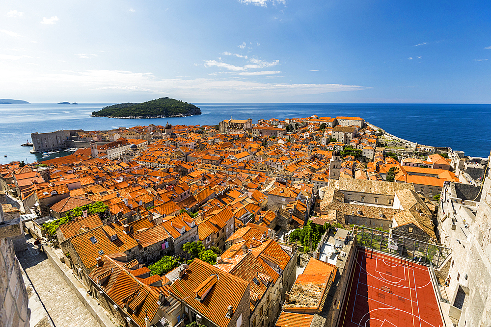 High angle view of waterfront cityscape