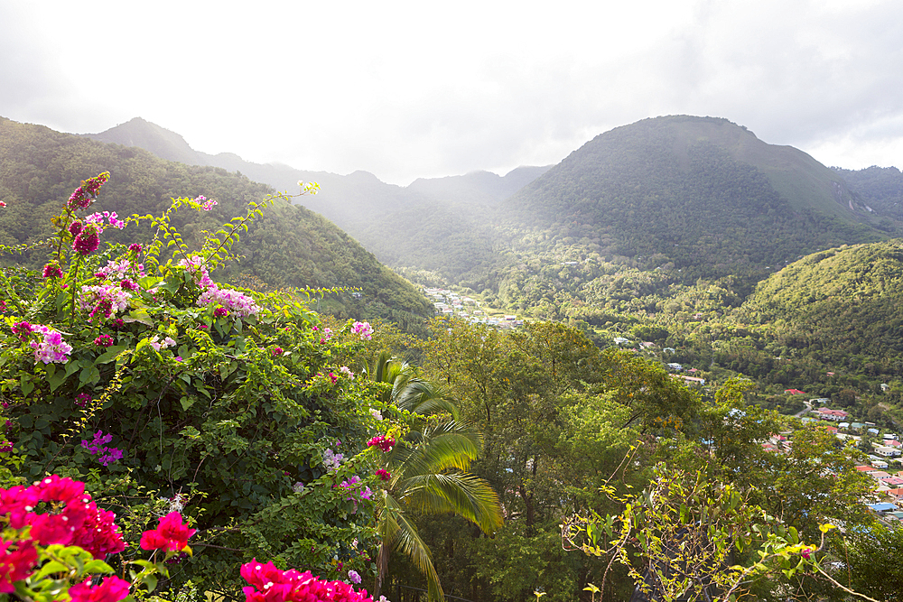 Scenic view of valley and mountains