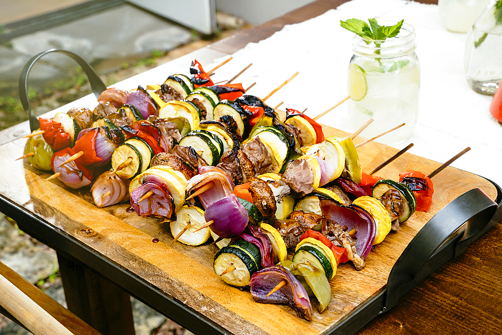 Meat and vegetables on skewers