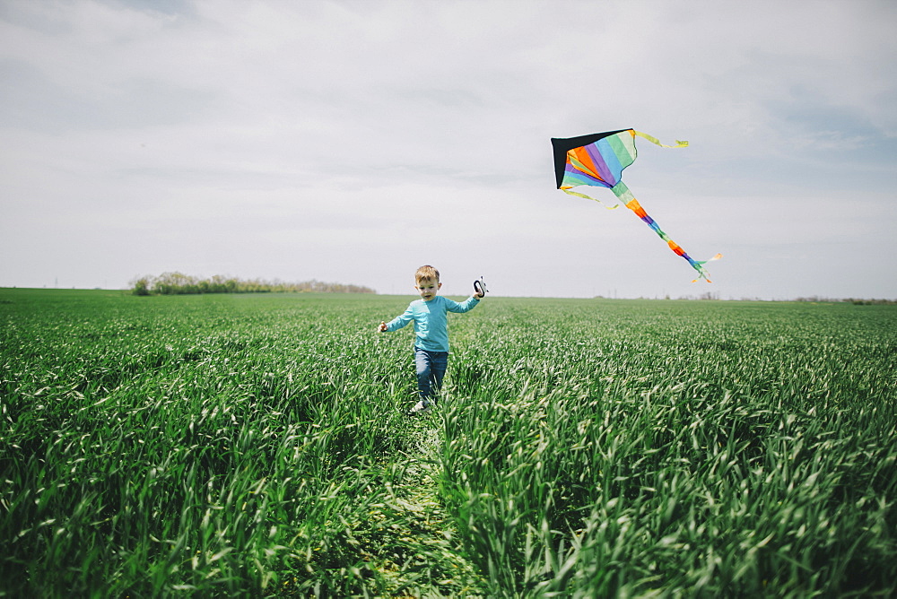 Caucasian boy flying kite in field