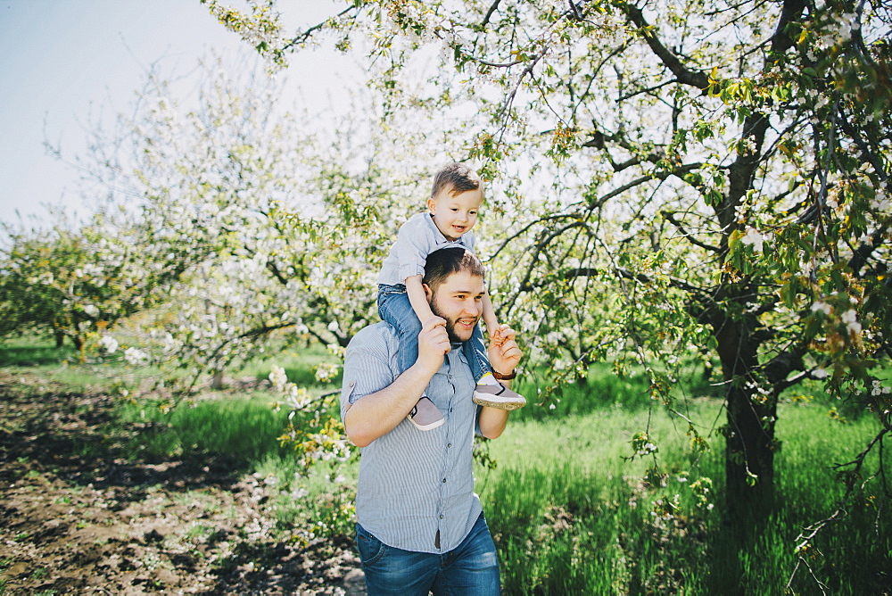 Caucasian father and son walking near tree