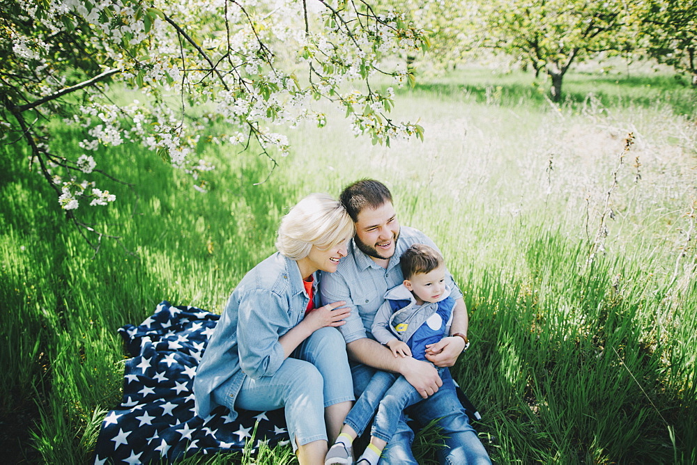 Caucasian multi-generation family sitting on blanket in grass