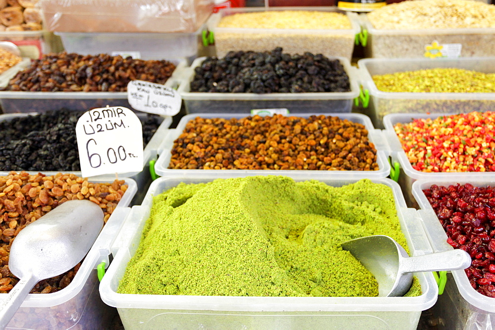 Bins of spices at market