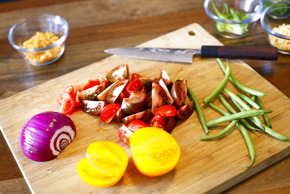 Chopped vegetables on cutting board