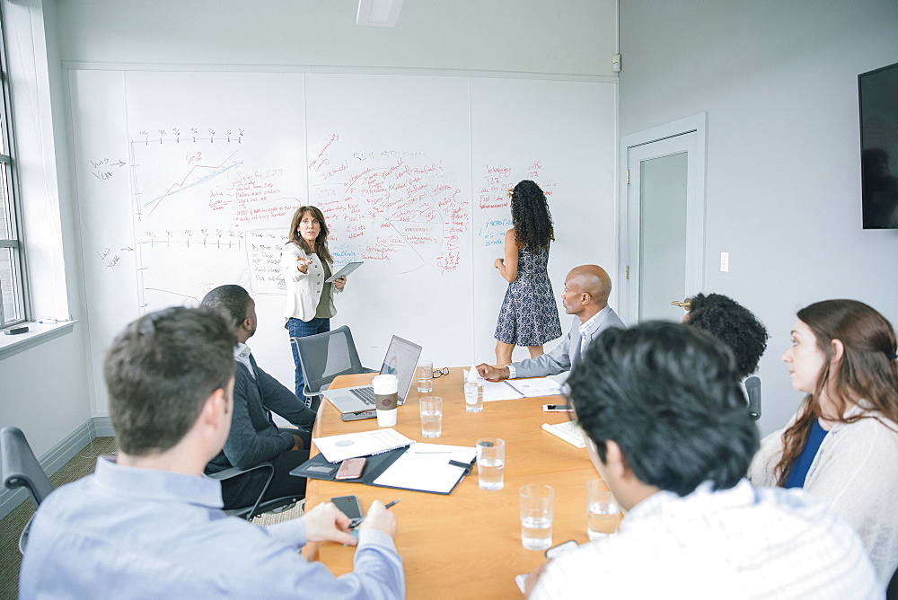 Businesswoman talking at whiteboard in meeting