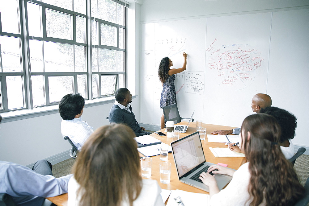 Businesswoman writing on whiteboard in meeting