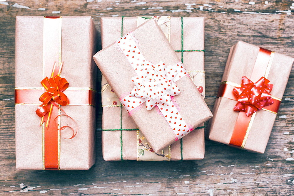 Gift boxes on wooden table