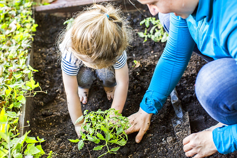 Caucasian mother teaching gardening to daughter