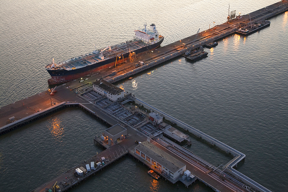 Aerial view of freighter at port