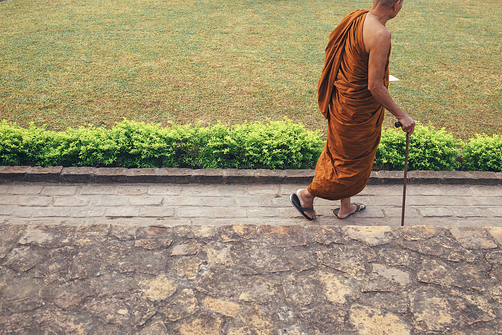 Monk walking with cane